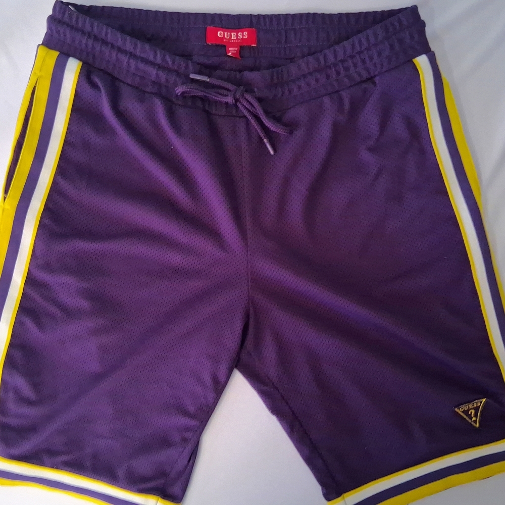 Guess Basketball Shorts Men's M Purple Yellow Side Mesh Athletic